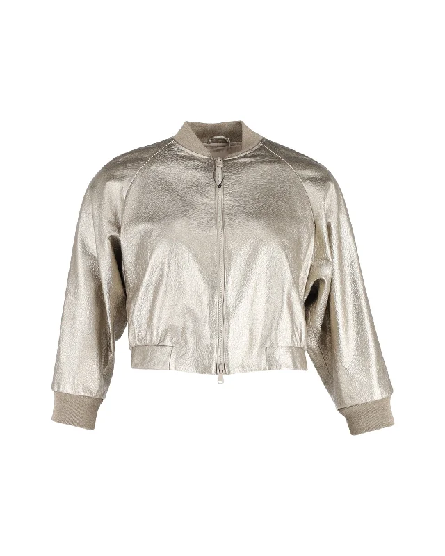 Brunello Cucinelli Cropped Bomber Jacket in Gold Leather