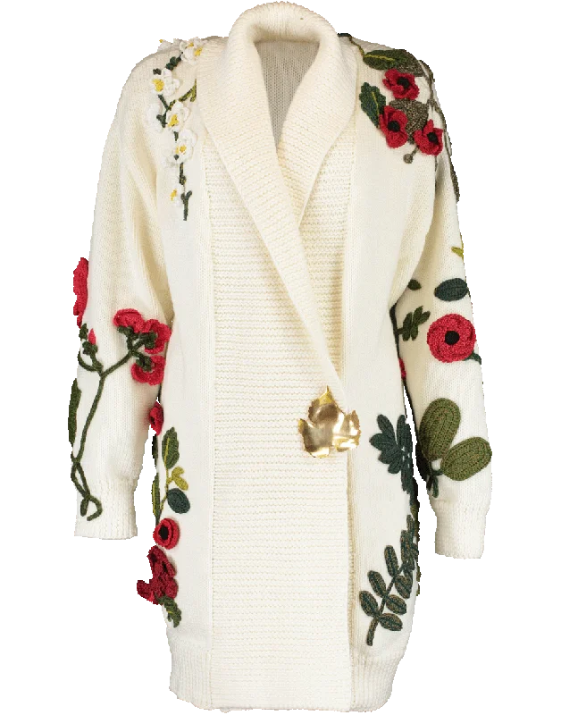 Floral Embroidered Knit Coat With Brooch