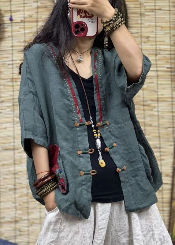 Vintage Green V Neck Pockets Chinese Button Patchwork Linen Coats Summer