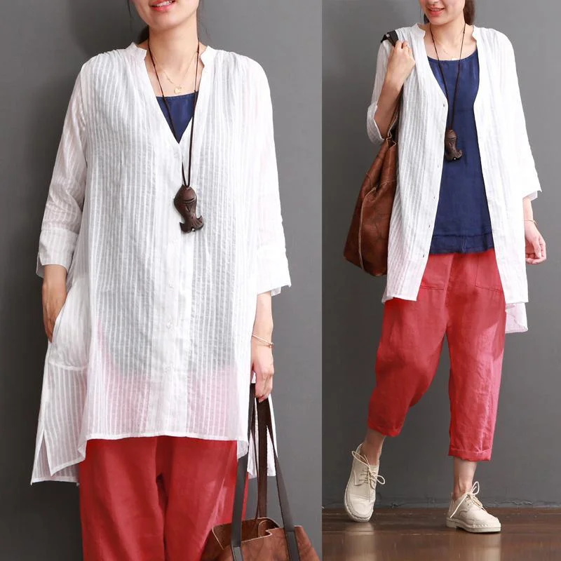 White cotton cardigan dress V neck asymmetriacl coat