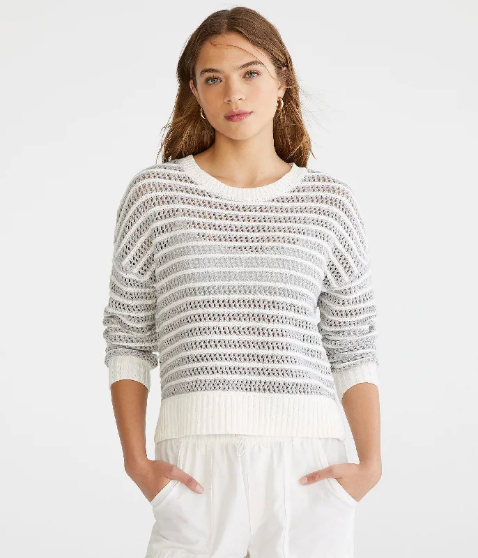 Aeropostale Striped Open Knit High-Low Crew SweaterBranded Knit Tops