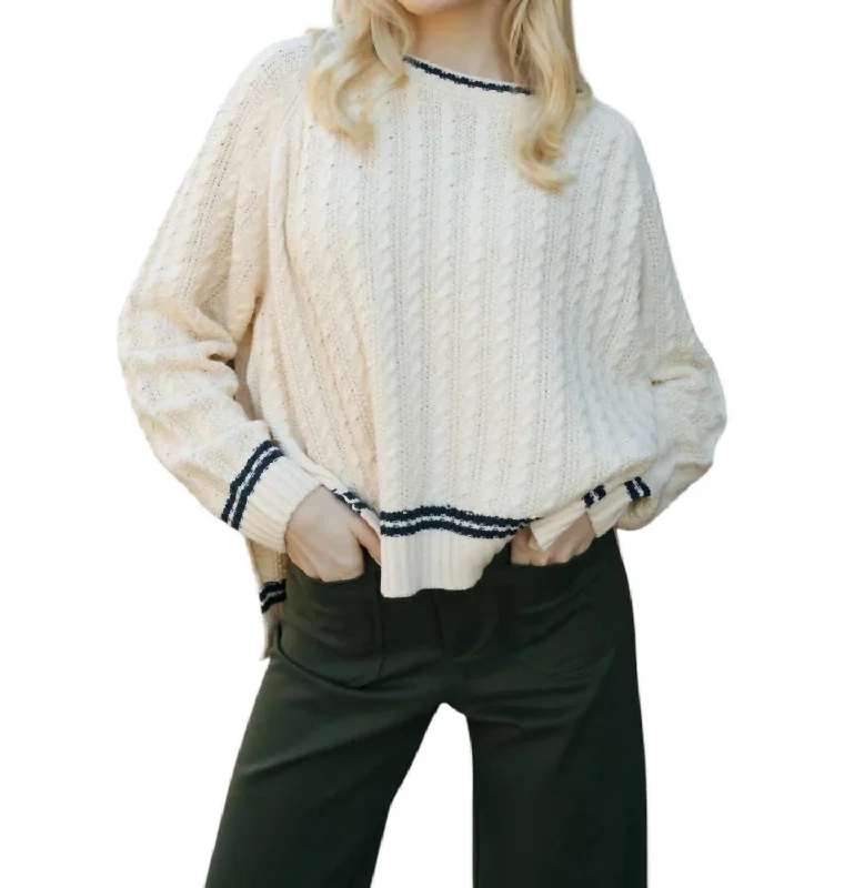 Cable Contrast Sweater In IvoryFall Knit Tops