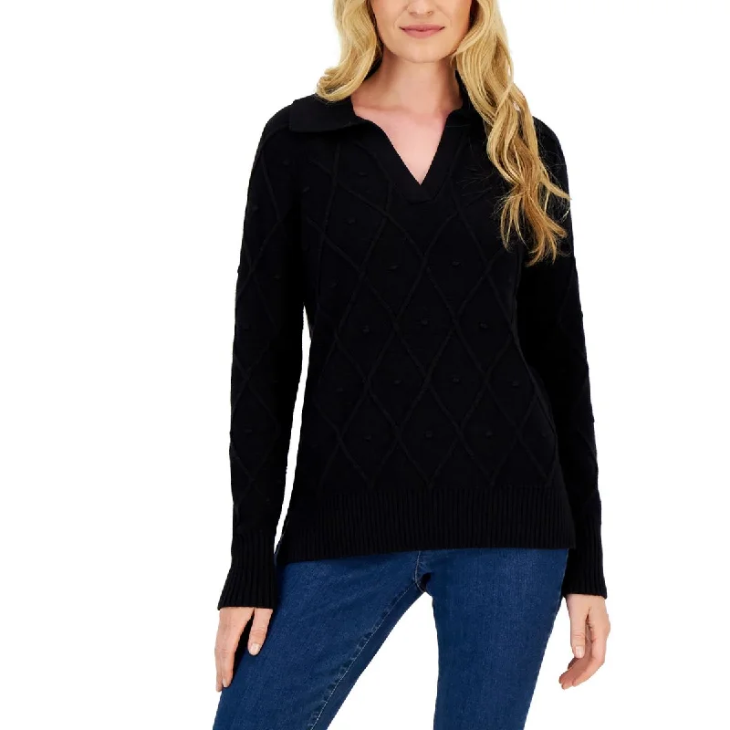 Charter Club Womens Diamond Knit Collared V-Neck SweaterBamboo Knit Tops