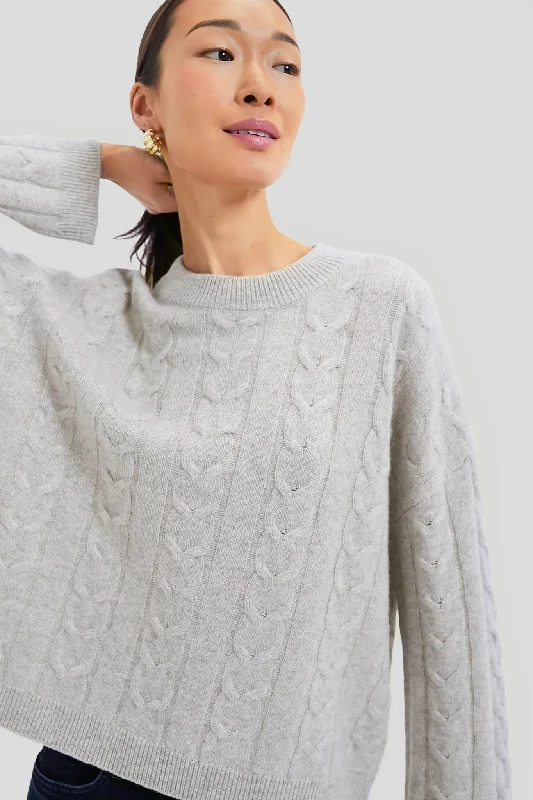 Gray Cashmere Eloise Cable Knit Boyfriend CrewneckCropped Knit Tops