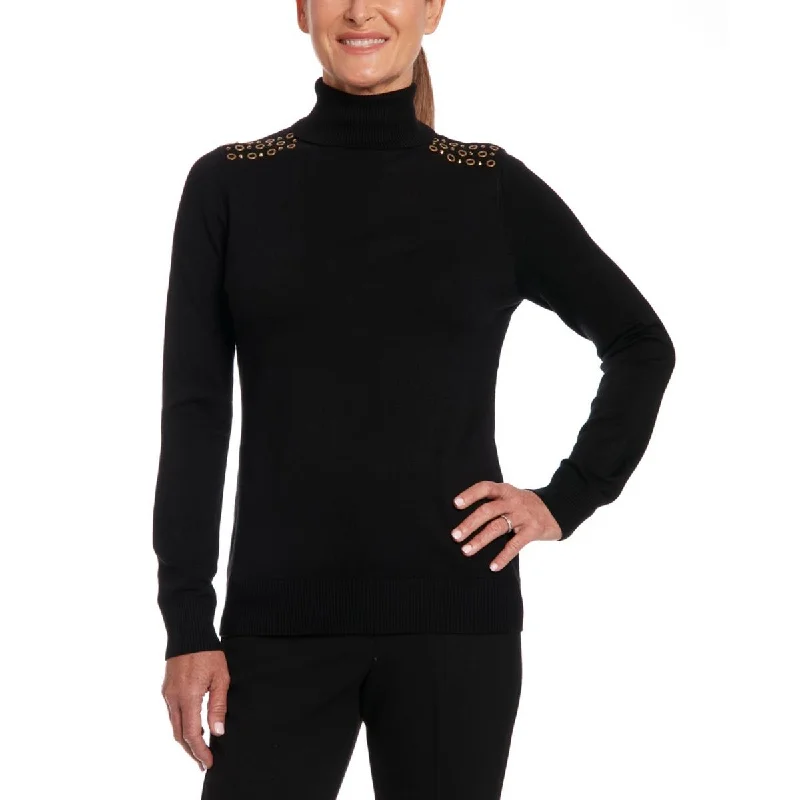 Jospeh A Womens Embellished Ribbed Trim Turtleneck SweaterAthletic Knit Tops