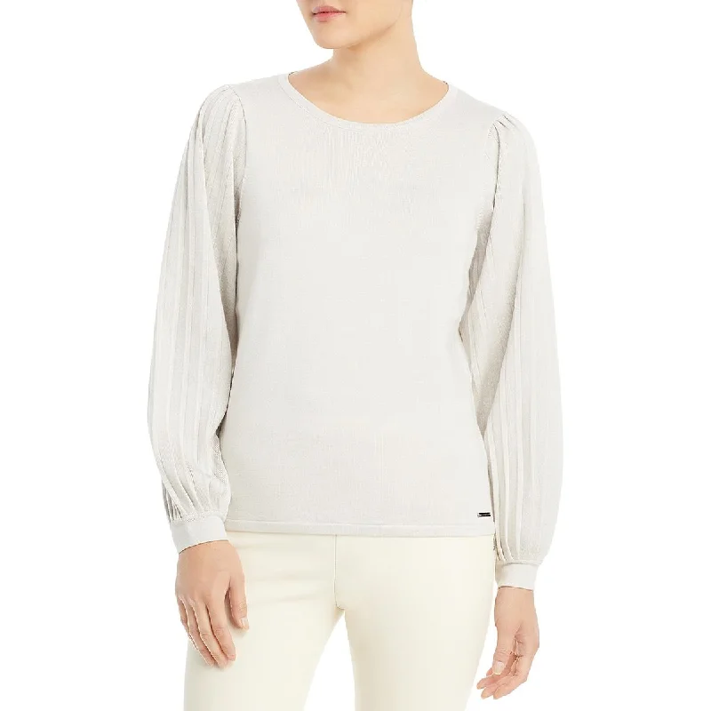 T Tahari Womens Pleated Sleeve Crewneck Pullover SweaterRetro Knit Tops