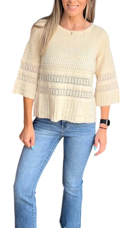 Three Quarter Sleeve Textured Sweater In CreamOutdoor Knit Tops