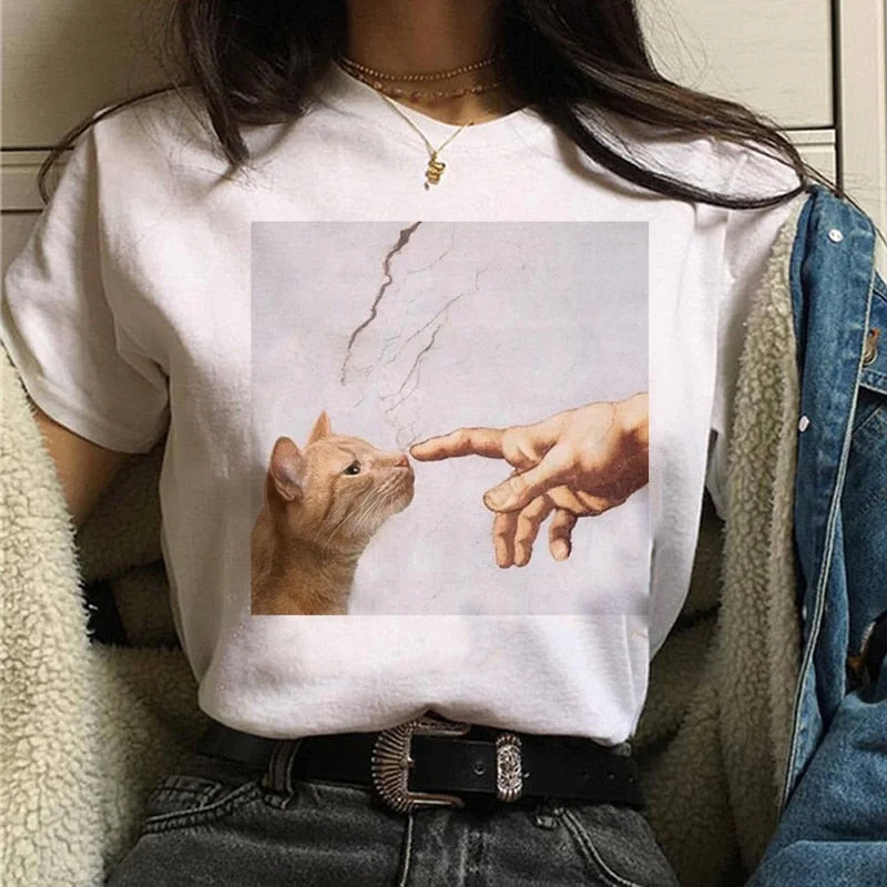 Cat Van Gogh T Shirt Women Art Print Aesthetic Tshirt 90s Cartoon T-Shirt Oversize Shirts Ulzzang Casual Female Clothes Tops Tee