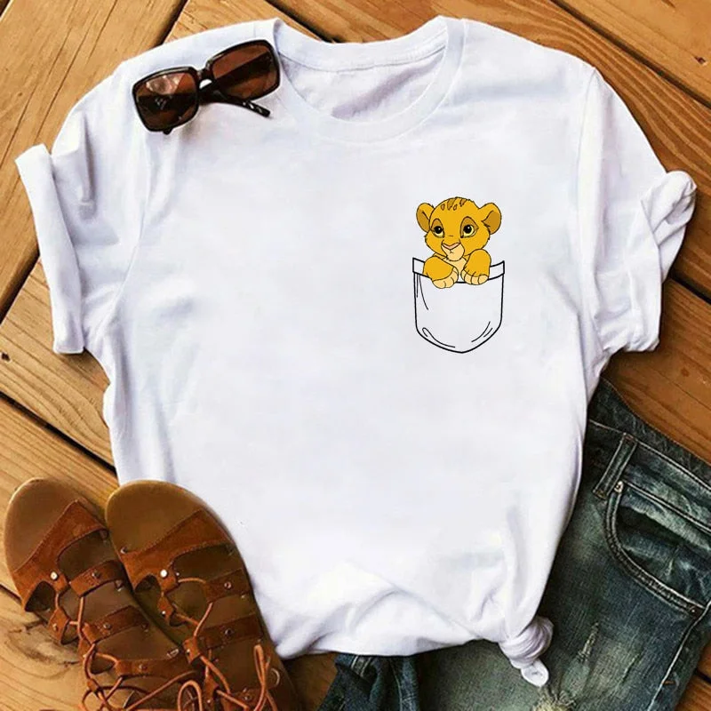 Maycaur T-shirt Women 2020 Summer Fashion Cartoon Lion King Pocket Print Tshirts Harajuku Casual Short Sleeve Tshirt Female Tops