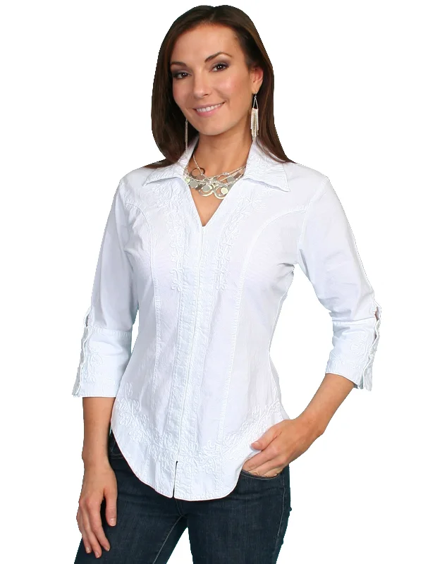 Scully Cantina Collection Blouse White 100% Cotton Floral 3/4 Sleeve