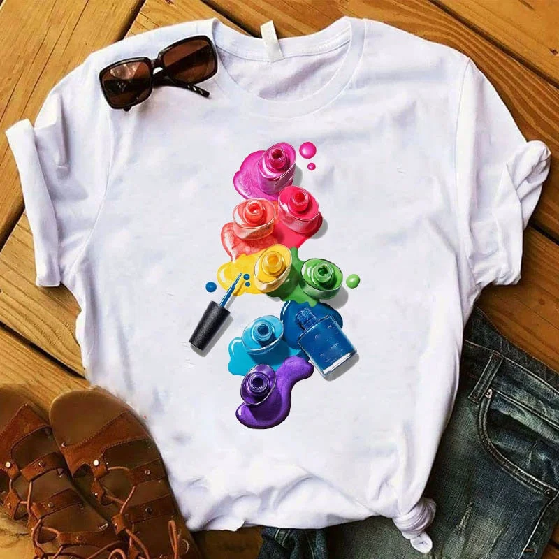 Women T Shirts Casual Harajuku Graphic Tee 3D Finger Nail Paint Color Print Woman Tshirt Summer Female T Shirt for Women Clothes