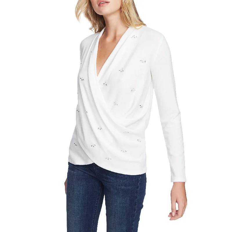 1.STATE Women's Long Sleeve V Neck Top White