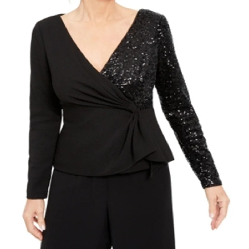 Adrianna Papell Women's Sequined Zippered Long Sleeve V Neck Evening Top Black Size 2