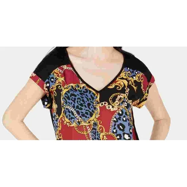 Bcx Women's Multi Color Printed Cap Sleeve V Neck Blouse Wear To Work Top Black Multi Size X-Small