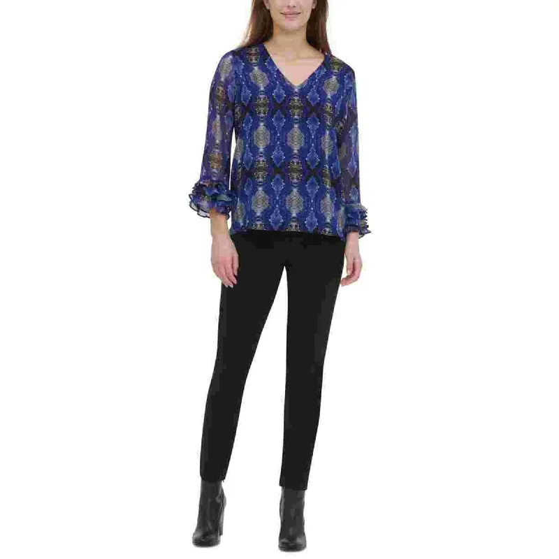 Calvin Klein Women's Ruffled Printed Long Sleeve V Neck Top Blue Size X-Small