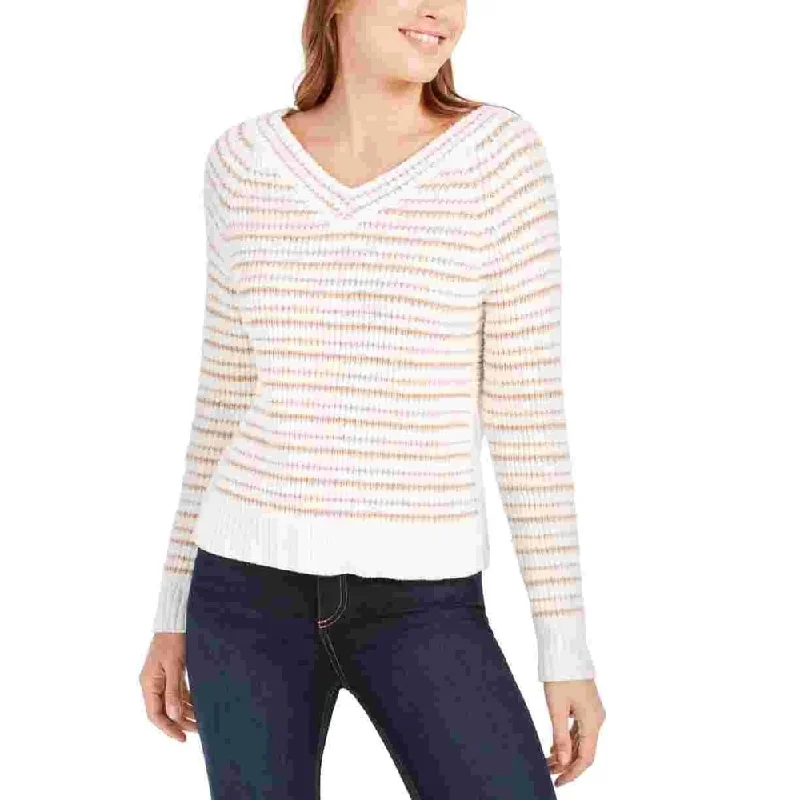 Calvin Klein Women's Striped Long Sleeve V Neck Sweater White Size X-Small