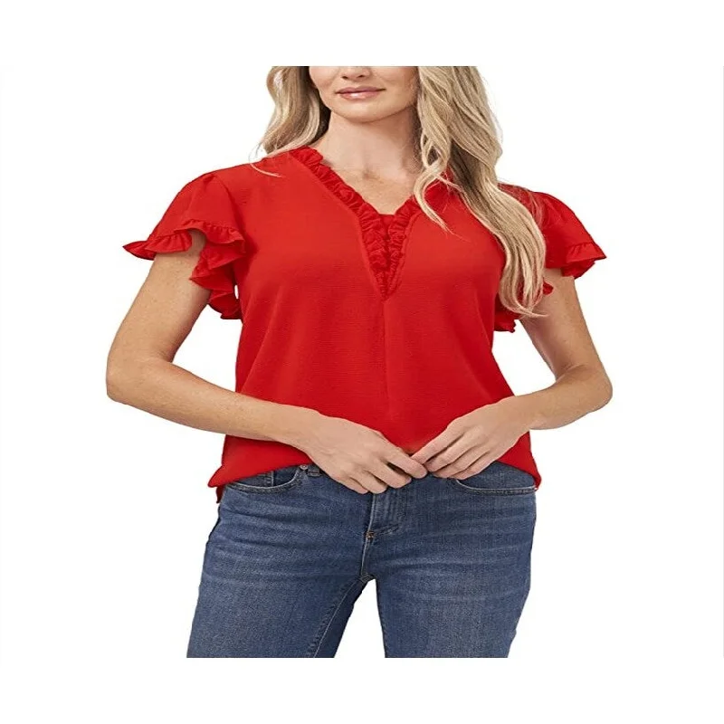 Cece Women's V Neck Ruffle Blouse Red Size Small