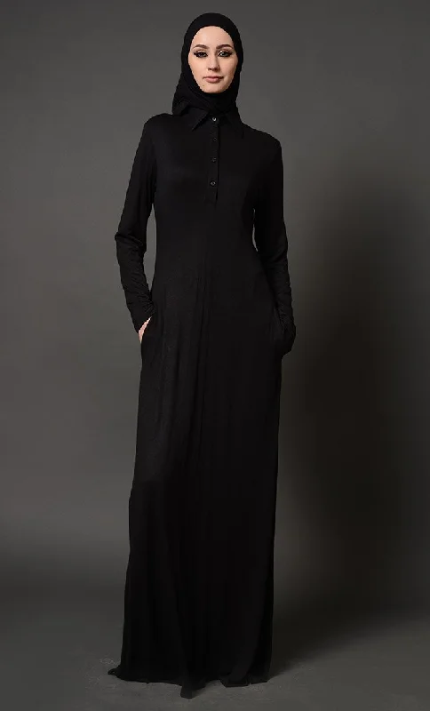 Collared Everyday Wear Basic Kids Abaya Dress - Black