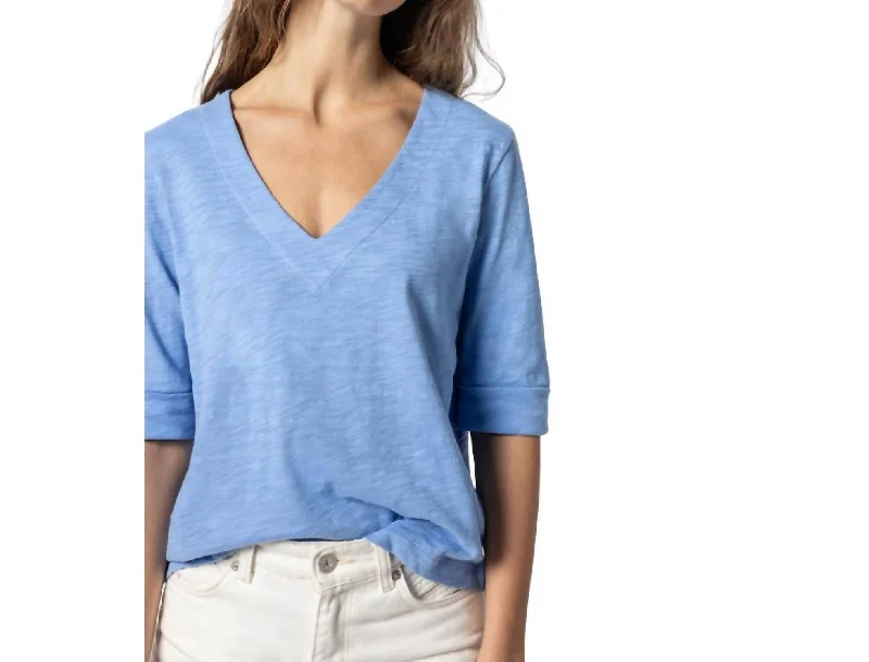 Cuffed Elbow Sleeve V Neck Tee In Harbor