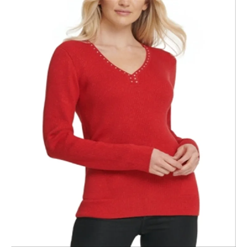 Dkny Women's Long Sleeve V Neck Top Red Size X-Small