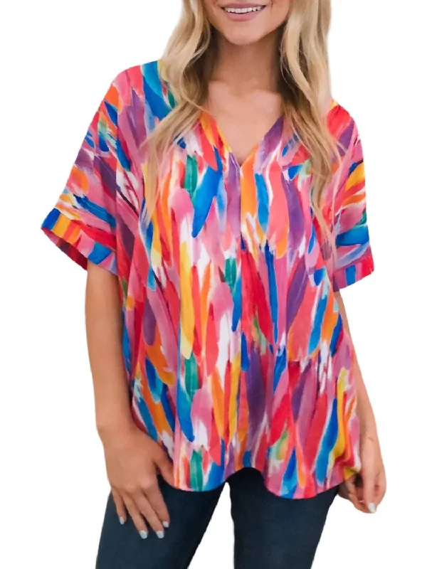 Feather Flowy V Neck Blouse In Multi Color