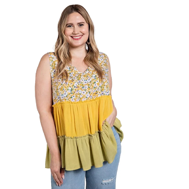 Floral Color Block Ruffle Detail Tiered V-neck Top