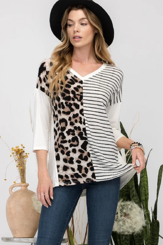 Full Size Front Leopard and Striped Print V-Neck T-Shirt