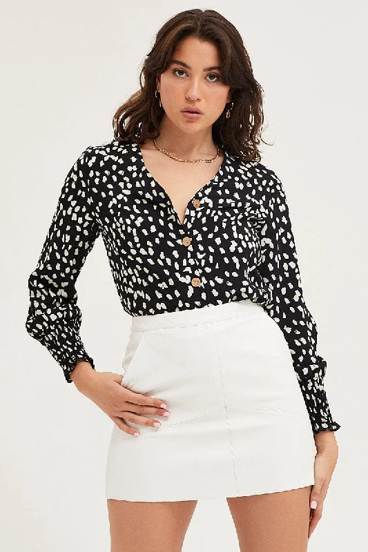 Geo Print Button Front Top Long Sleeve V-Neck