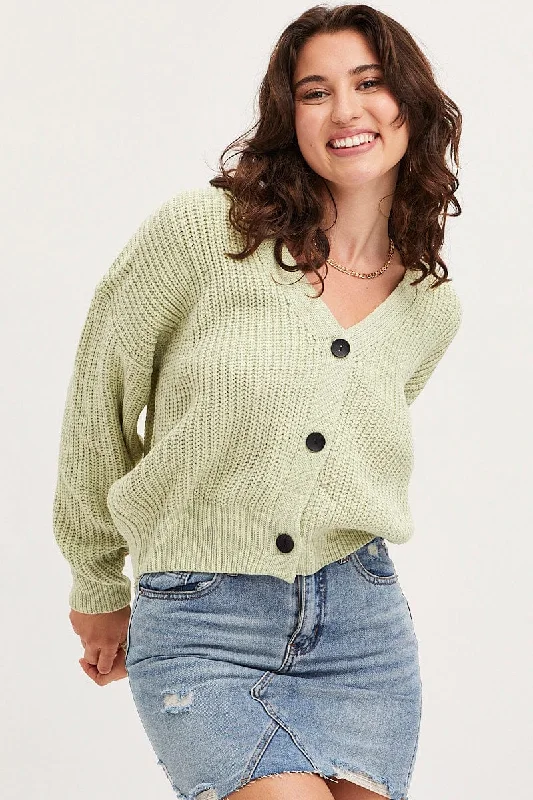 Green Knit Cardigan Long Sleeve Relaxed V-Neck