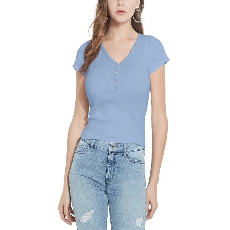 Guess Women's Organic Cotton V Neck T-Shirt Blue Size X-Small