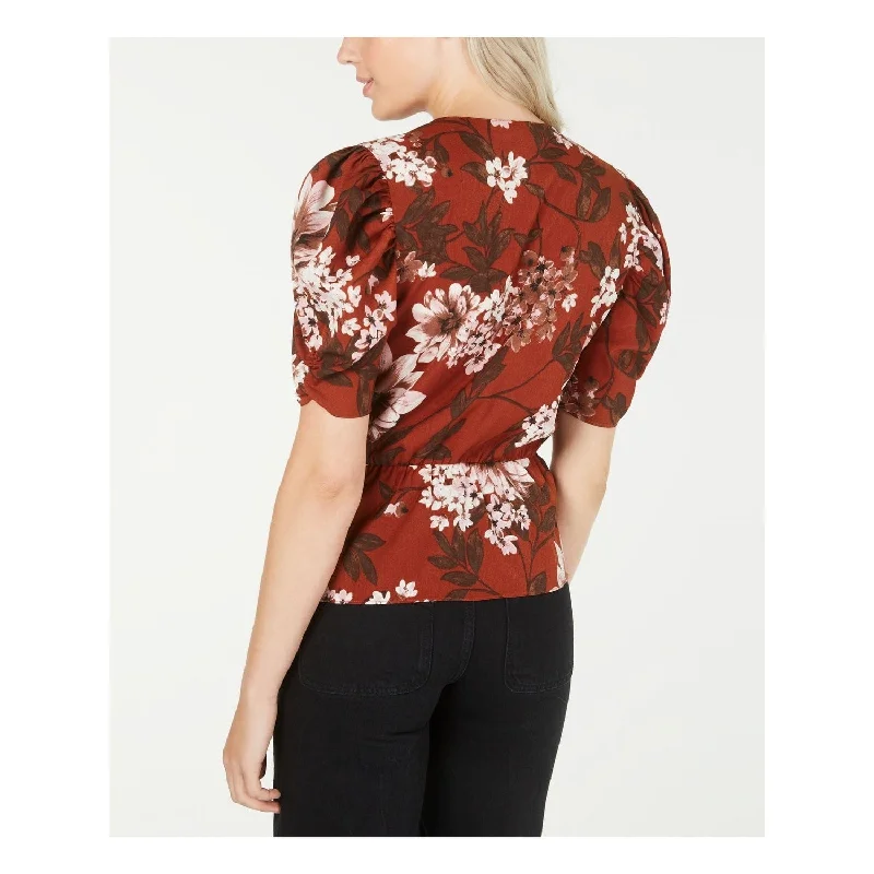 Leyden Women's Floral V Neck Pouf Peplum Casual Top Brown Size Small