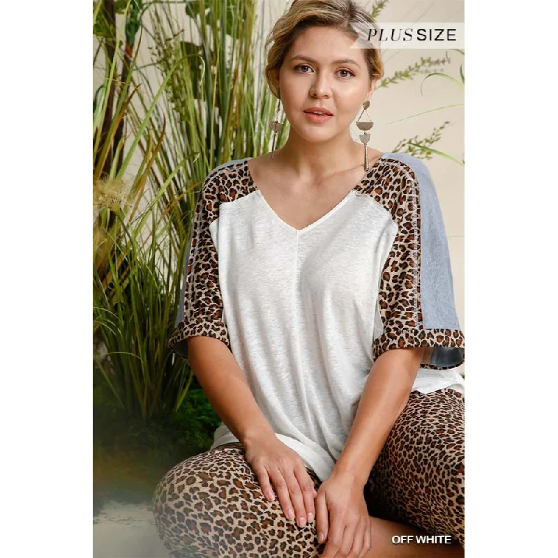 Linen Blend Animal Print See Through V-neck Colorblock Top With Side Slits