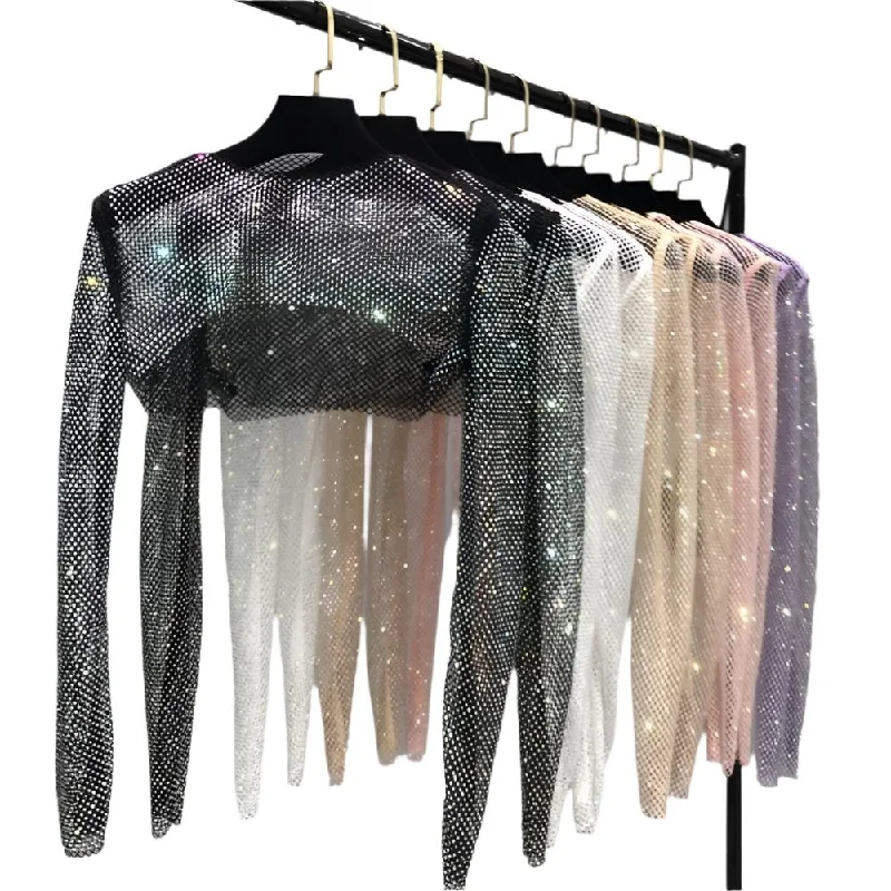 Long Sleeve Glitter Net Pullover Shawl Layering Crop Top