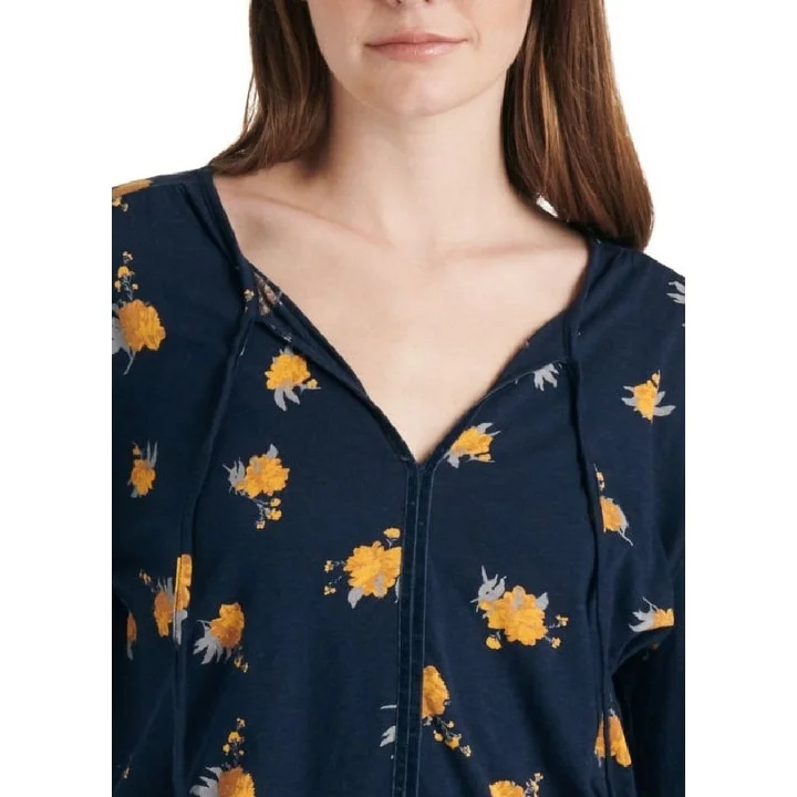 Lucky Brand Women's Drawstring Neck Floral Long Sleeve V Neck Peasant Top Blue Size X-Small