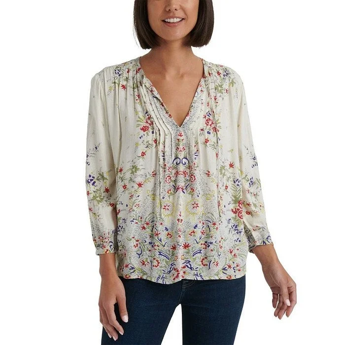 Lucky Brand Women's Floral Long Sleeve V Neck Blouse Top White Size X-Small