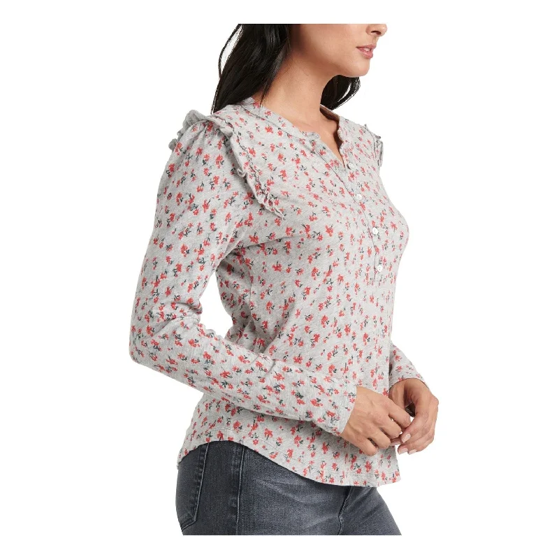 Lucky Brand Women's Floral Long Sleeve V Neck Top Gray Size X-Small