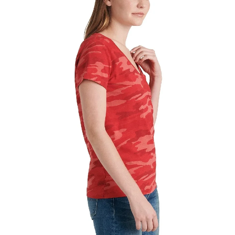 Lucky Brand Women's V Neck Printed Cotton T-Shirt Red Size Small