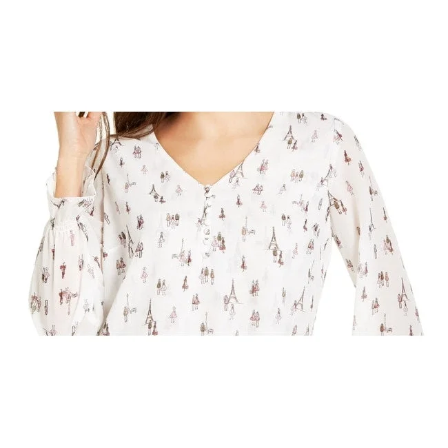 Maison Jules Women's Printed V Neck Blouse White Size X-Small