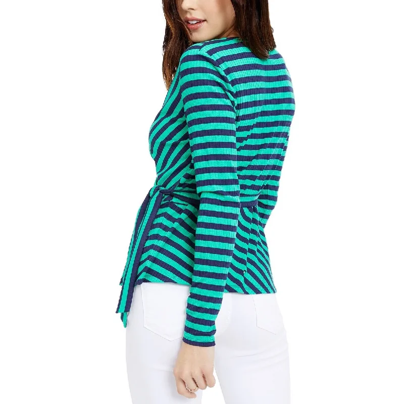 Maison Jules Women's Striped Long Sleeve V Neck Wrap Top Green Size Small