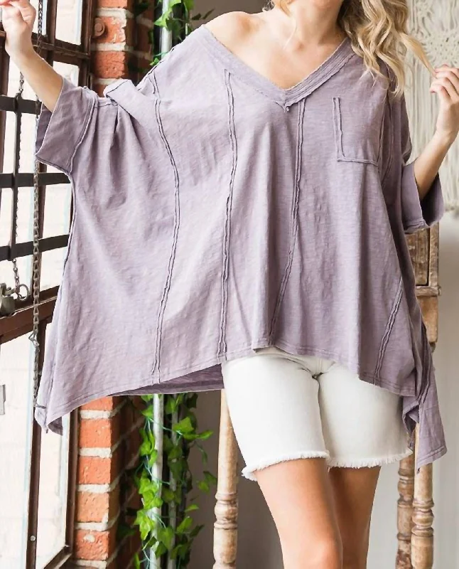 Mineral Washed Oversize V Neck Top In Lavender