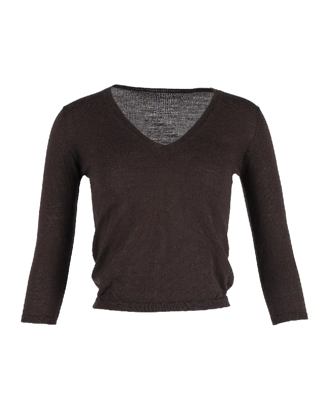 Mulberry V-neck Quarter Sleeve Top in Brown Cotton