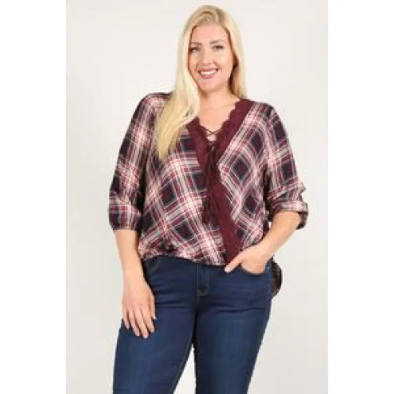 Plaid 3/4 Sleeve Top With Hi-lo Hem, V-neckline, And Relaxed Fit