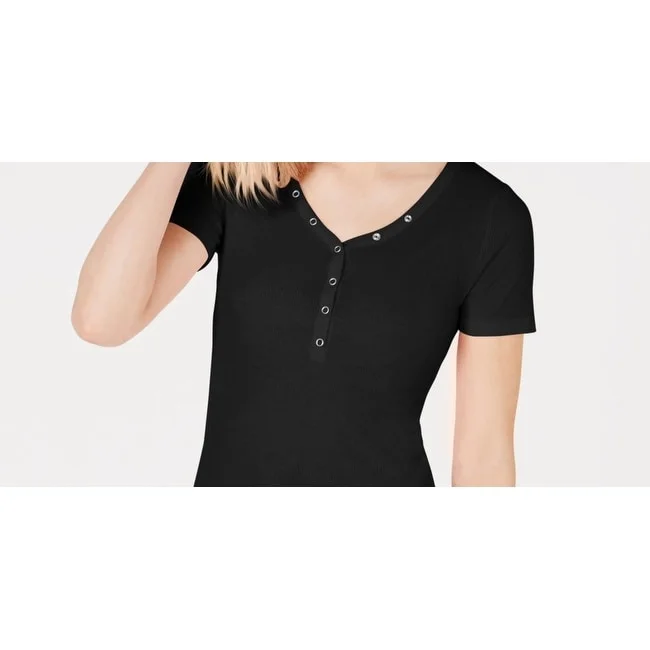 Planet Gold Juniors' V-Neck Henley Top Black Size X-Large