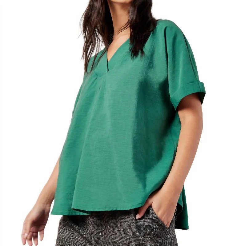 Pleat Detail V-Neck Top In Green