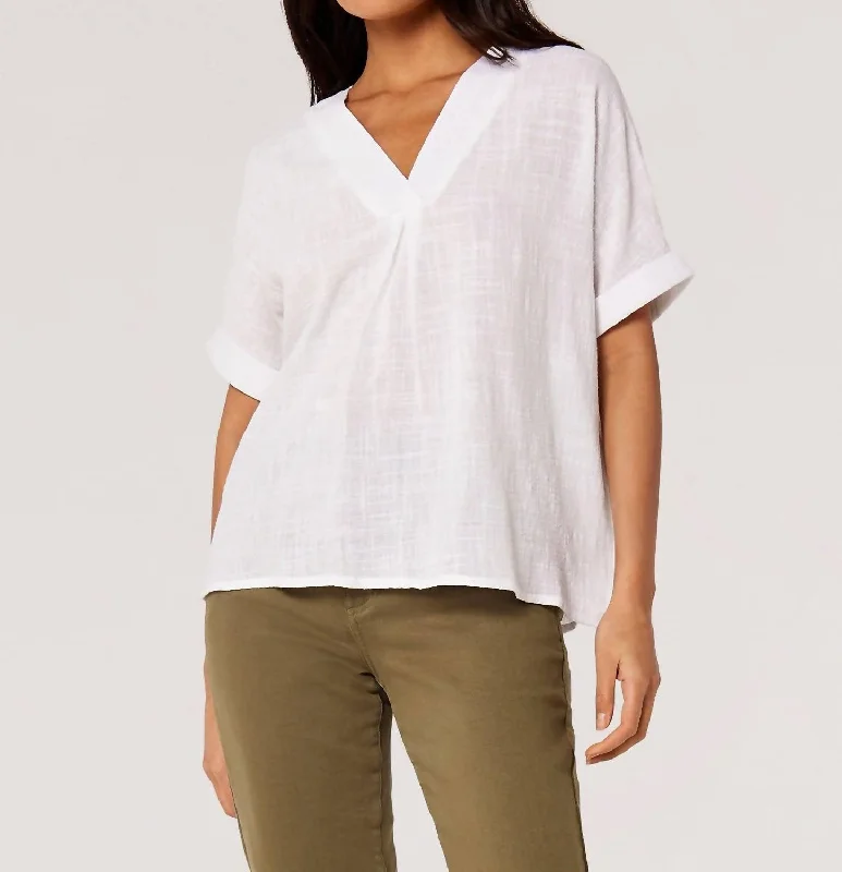 Pleat Detail V-Neck Top In White