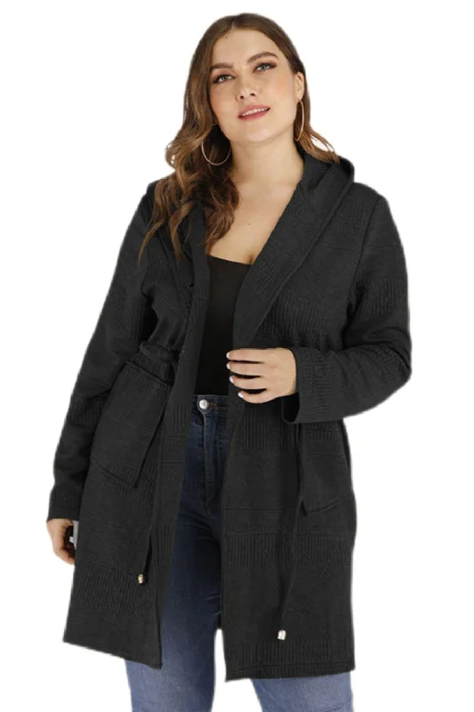 Plus Drawstring Waist Hooded Cardigan