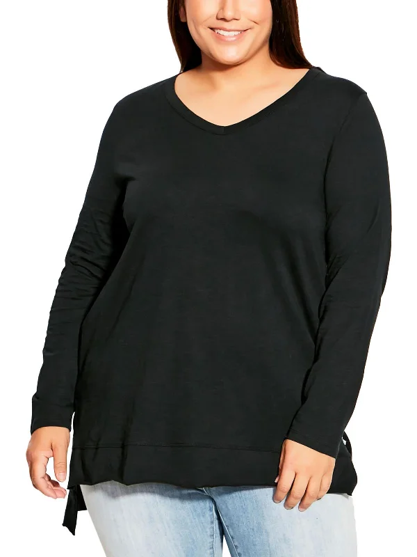 Plus Eleni Womens Slub V-Neck Pullover Top