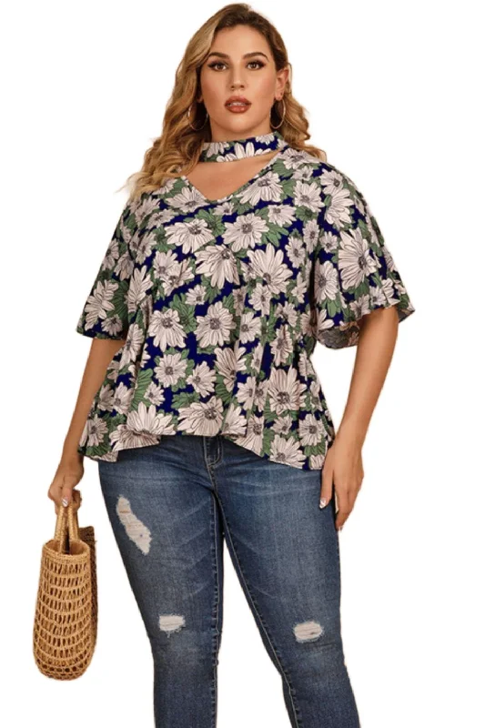 Plus Navy Floral Flutter Sleeve Blouse