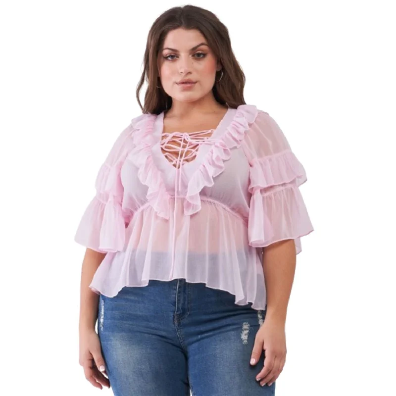 Plus Sheer Mesh Ruffle Lace-up V-neck Detail Wide Sleeve Relaxed Top