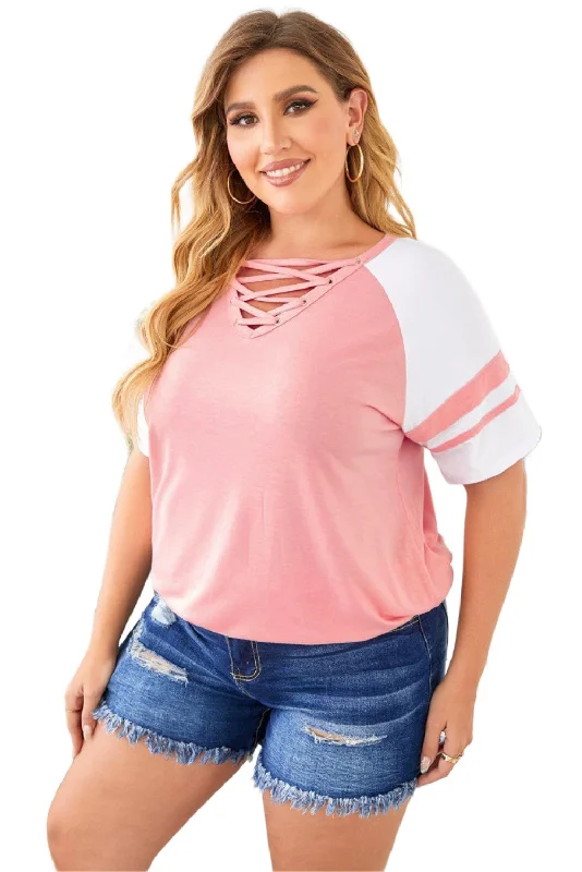 Plus Size Contrast Crisscross Tee Shirt